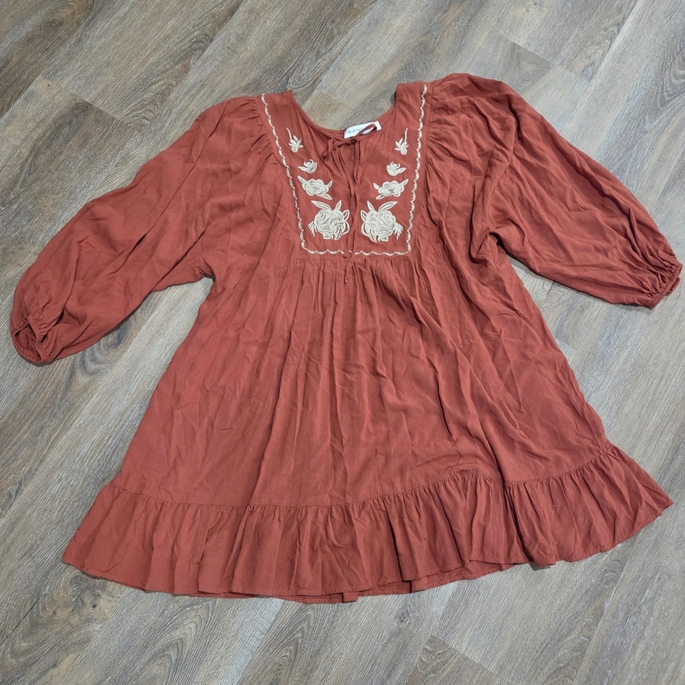 Rusttydustty Embroidered Boho Babydoll Mini Dress Rust Orange 1XL